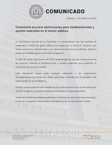 Contraloría pide suspender nombramientos y aumentos de salarios