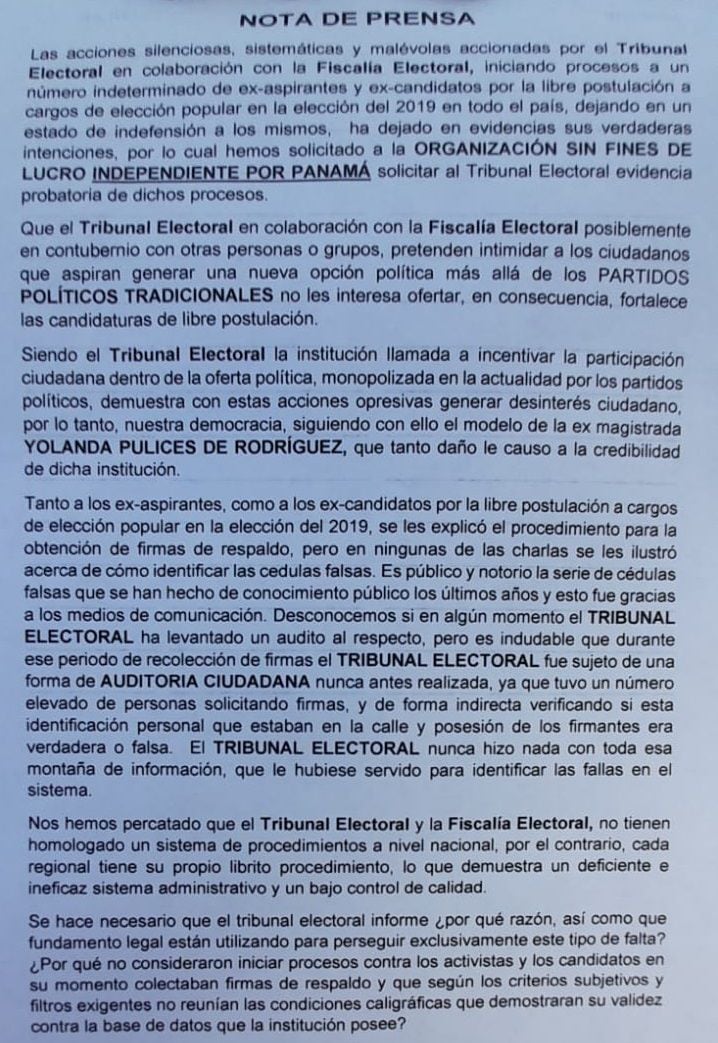 Grupo Independientes por Panamá denuncia supuestas anomalías en procesos  contra excandidatos | La Prensa Panamá